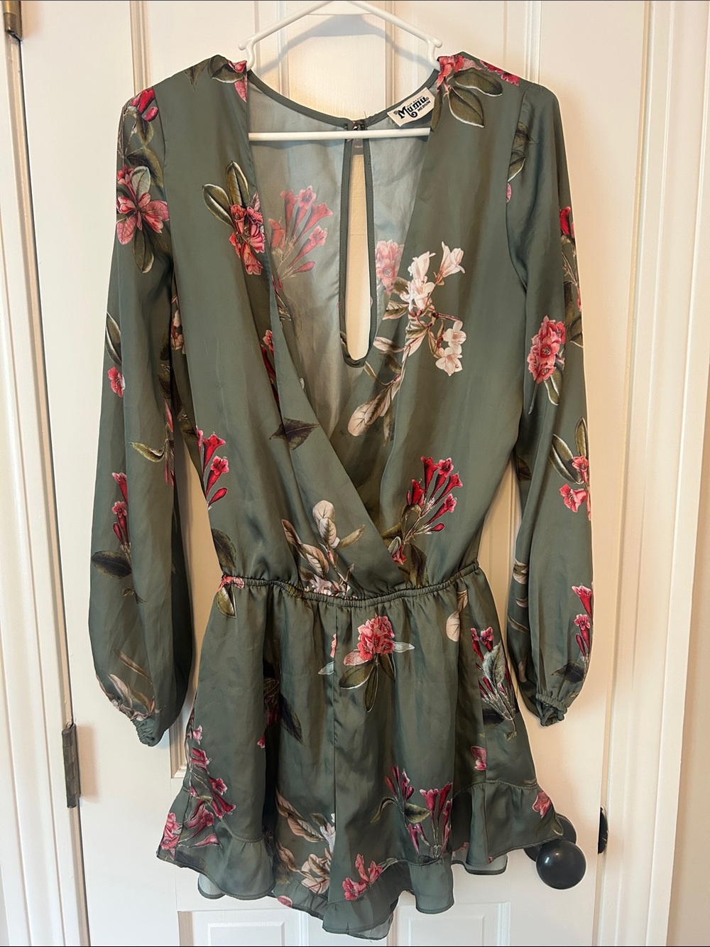 Show Me Your MuMu Olive Floral Long Sleeve Romper with Pink Accents
